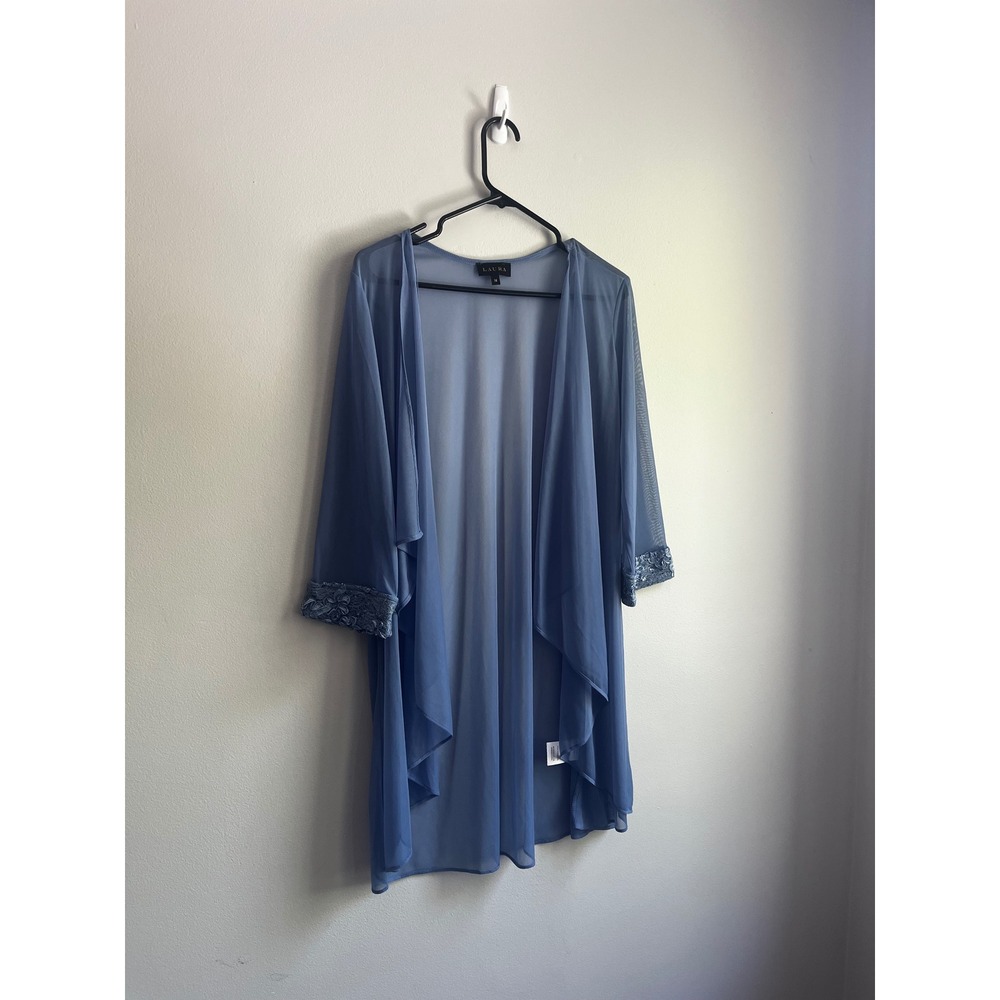 Laura Womens Sheer‎ Mesh Duster Jacket Blue Lace Sequin Cuff Open Front Size 14
